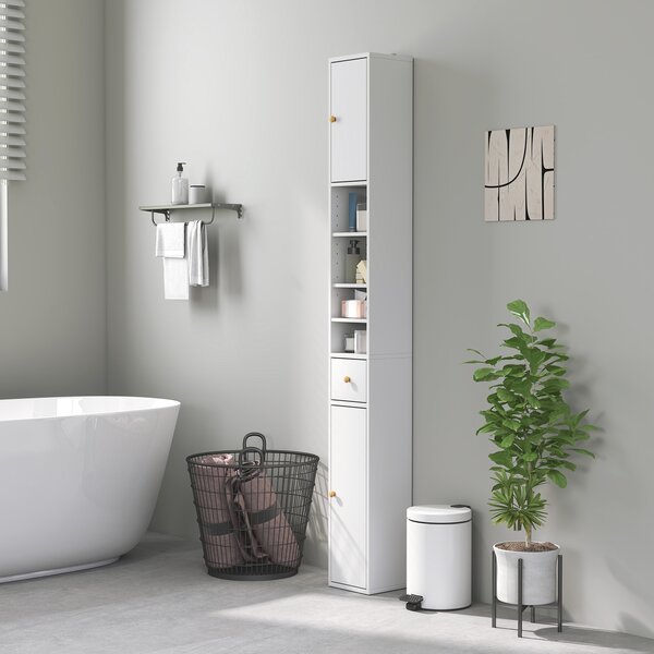 HOMCOM Colonna Bagno Salvaspazio con 2 Armadietti, 3 Ripiani Aperti e Cassetto, in Legno, 20x20x178 cm, Bianco