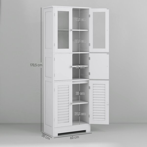 HOMCOM Mobile Colonna Bagno con 3 Armadietti e Ante in Vetro e a Persiana, 60x30x170.5cm, Bianco