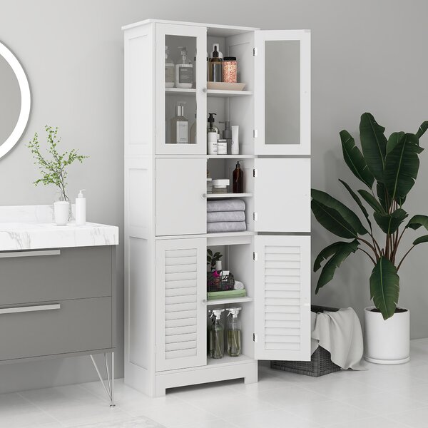 HOMCOM Mobile Colonna Bagno con 3 Armadietti e Ante in Vetro e a Persiana, 60x30x170.5cm, Bianco