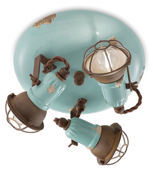 Plafoniera Vintage Loft Ferro E Ceramica Con Rete Azzurro 3 Luci E14