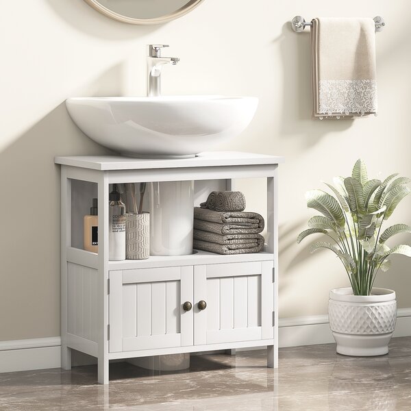 Kleankin Mobile Sottolavabo con Ripiano e Armadietto, Intaglio e U e 2 Ante, 60x30x60 cm, Bianco | Aosom Italy
