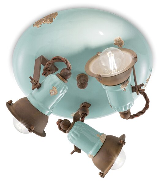 Plafoniera Vintage Loft Ferro E Ceramica Azzurro 3 Luci E14
