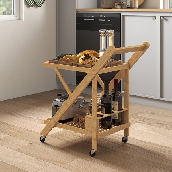 HOMCOM Carrello da Cucina Portavivande Pieghevole a 2 Livelli con Portabottiglie in Legno di Bambù