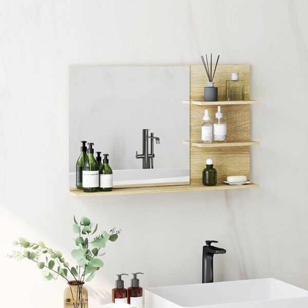 Kleankin Specchio Bagno Moderno con 2 Ripiani Laterali e Ripiano Inferiore, in Legno e Vetro, 75x10x48 cm, Color Legno | Aosom Italy