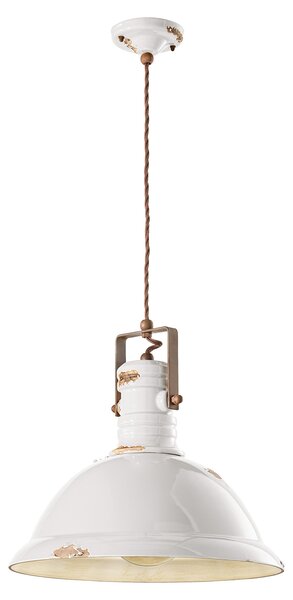 Lampadario Industrial Ferro E Ceramica Vintage Bianco 1 Luce E27 40Cm