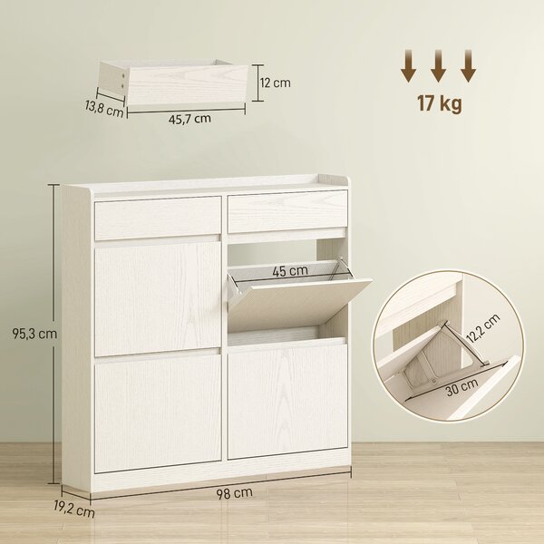HOMCOM Scarpiera Slim in Legno con 4 Cassetti a Ribalta e 2 Cassetti Scorrevoli, 98x19.2x95.3 cm, Bianco | Aosom Italy