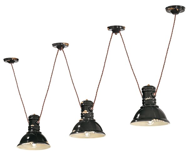 Lampadario Industrial Ferro E Ceramica Vintage Nero 3 Luci E27