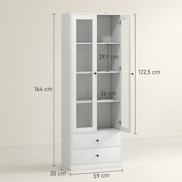 HOMCOM Credenza Cucina con Armadietto e 2 Cassetti, Ante in Vetro e Ripiani Regolabili, 59x30x164 cm, Bianco | Aosom Italy