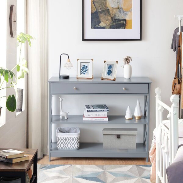 Costway Tavolo da ingresso per salone e corridoio con 1 cassetto e 2 mensole, Tavolino da parete con 3 livelli Grigio