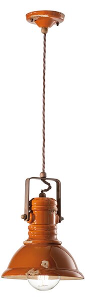 Lampadario Industrial Ferro E Ceramica Vintage Arancio 1 Luce E27 23Cm