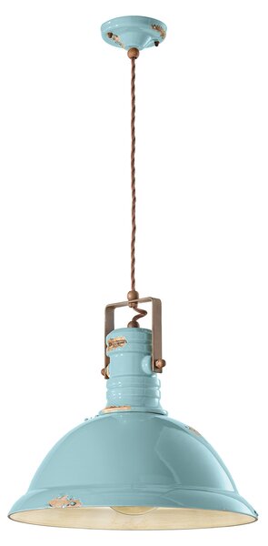 Lampadario Industrial Ferro E Ceramica Vintage Azzurro 1 Luce E27 40Cm