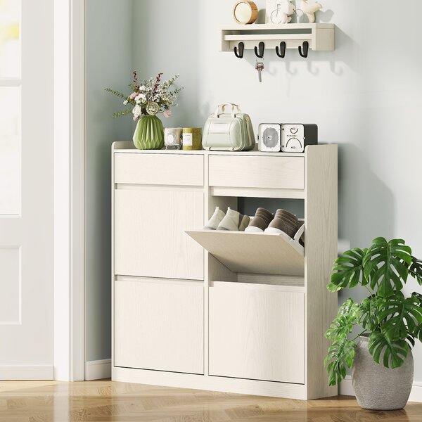 HOMCOM Scarpiera Slim in Legno con 4 Cassetti a Ribalta e 2 Cassetti Scorrevoli, 98x19.2x95.3 cm, Bianco | Aosom Italy
