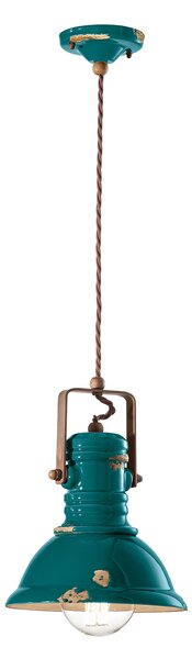 Lampadario Industrial Ferro E Ceramica Vintage Verde 1 Luce E27 23Cm