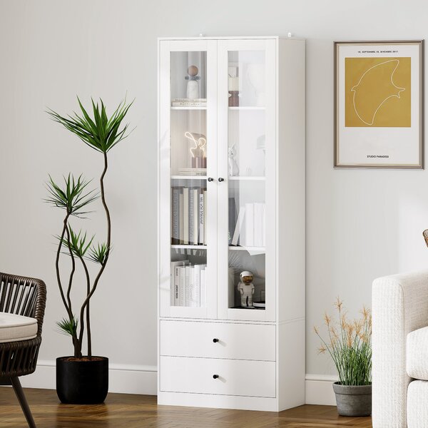 HOMCOM Credenza Cucina con Armadietto e 2 Cassetti, Ante in Vetro e Ripiani Regolabili, 59x30x164 cm, Bianco | Aosom Italy