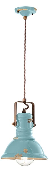 Lampadario Industrial Ferro E Ceramica Vintage Azzurro 1 Luce E27 23Cm