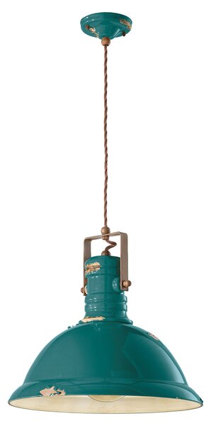 Lampadario Industrial Ferro E Ceramica Vintage Verde 1 Luce E27 40Cm