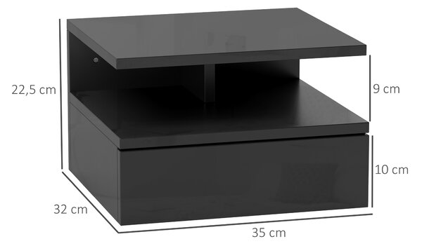 HOMCOM Comodino Sospeso per Camera da Letto con Cassetto e Ripiano Aperto in Legno, 35x32x22.5 cm, Nero Lucido | Aosom Italy