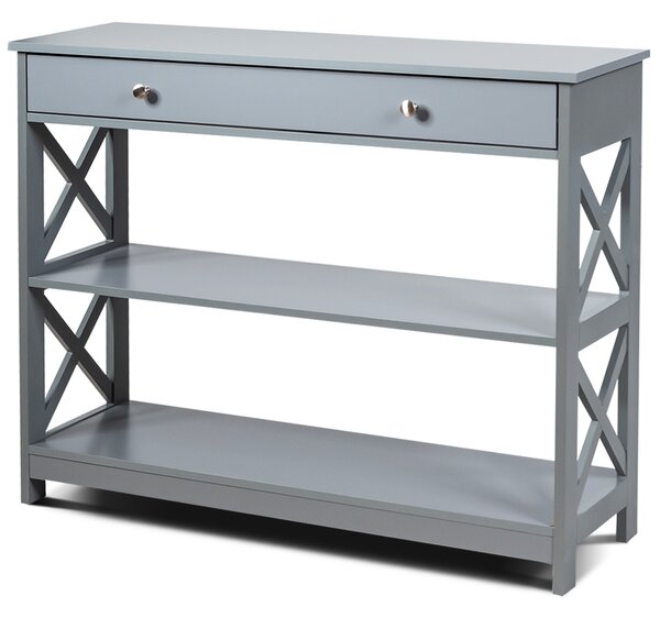 Costway Tavolo da ingresso per salone e corridoio con 1 cassetto e 2 mensole, Tavolino da parete con 3 livelli Grigio