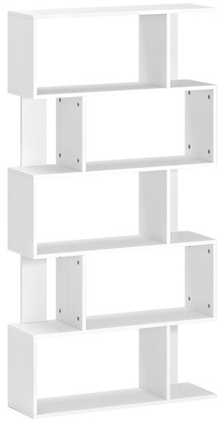 HOMCOM Libreria Asimmetrica a S a 5 Livelli con 10 Ripiani Aperti, in Legno, 80x24x159 cm, Bianco