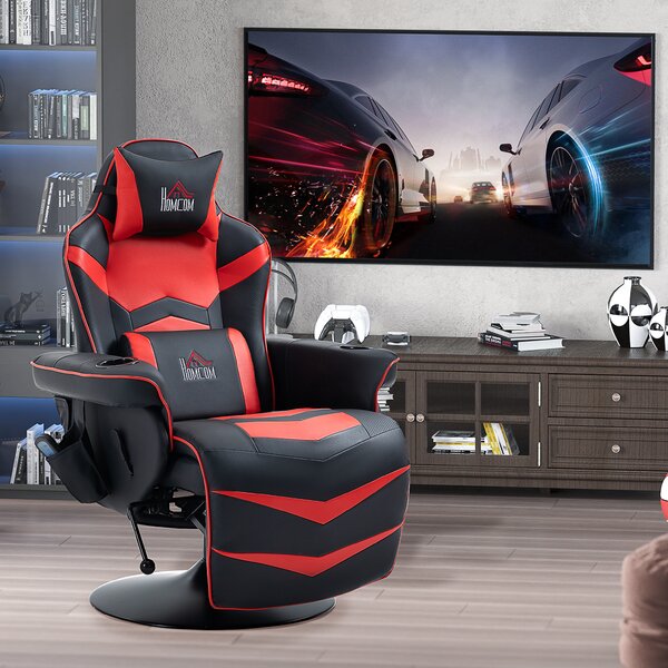 HOMCOM Sedia da Gaming Massaggiante con Poggiapiedi e Cuscino, in Finta Pelle, 79.5x82.5x111.5 cm, Nero e Rosso | Aosom Italy