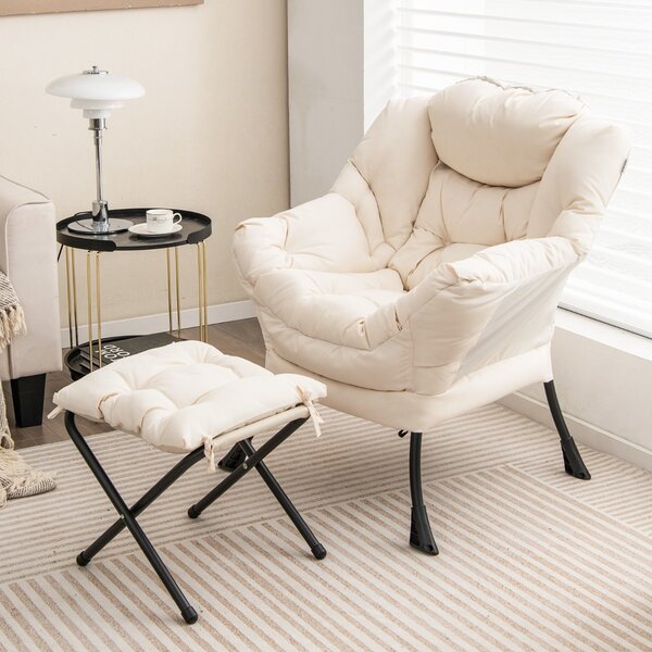 Costway Poltrona pigra con cuscino braccioli tasca laterale poggiapiedi, Poltrona da lettura moderna Beige