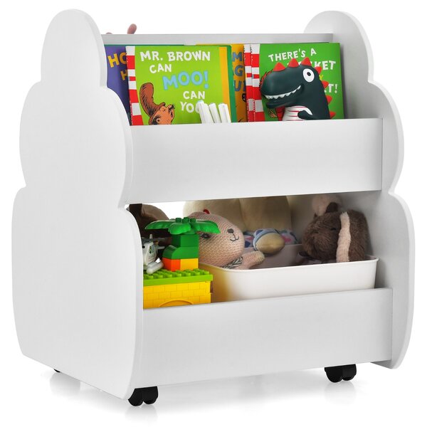 Costway Libreria per bambini a 2 livelli con ruote aspetto adorabile e angoli arrotondati, Libreria bimbi spaziosa Bianco