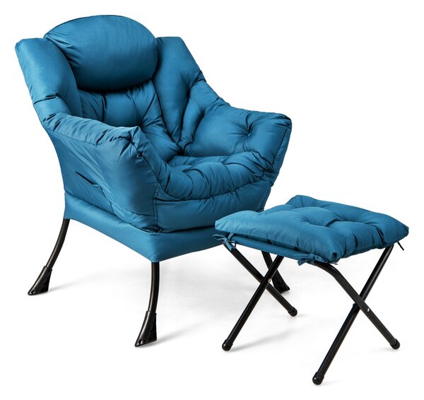 Costway Poltrona pigra con cuscino braccioli tasca laterale poggiapiedi, Poltrona da lettura moderna Blu