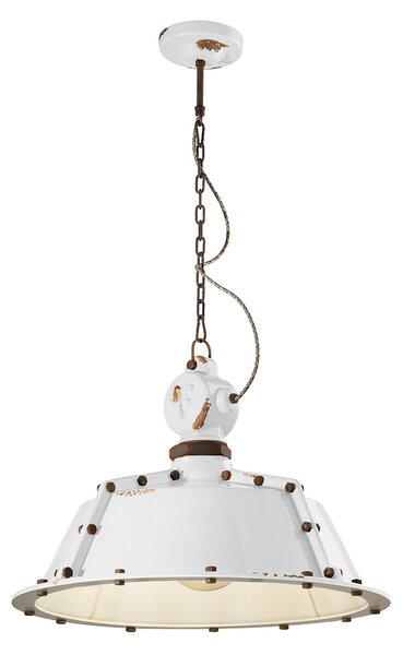 Lampadario Industrial Ferro E Ceramica Vintage Bianco 1 Luce E27 52Cm