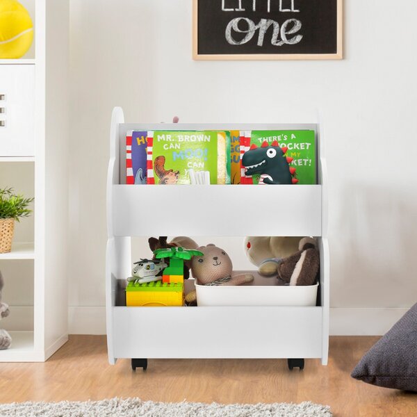 Costway Libreria per bambini a 2 livelli con ruote aspetto adorabile e angoli arrotondati, Libreria bimbi spaziosa Bianco