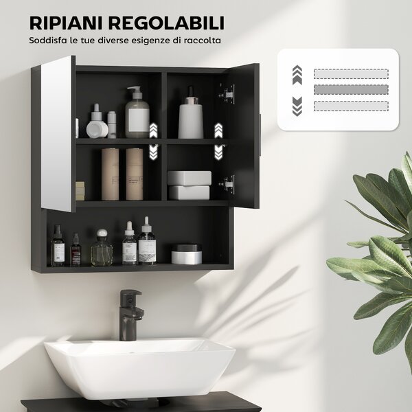 Kleankin Armadietto Specchiera Bagno in Legno con Mensole Regolabili e Ripiano Aperto, 54x15.2x55.3 cm, Nero | Aosom Italy