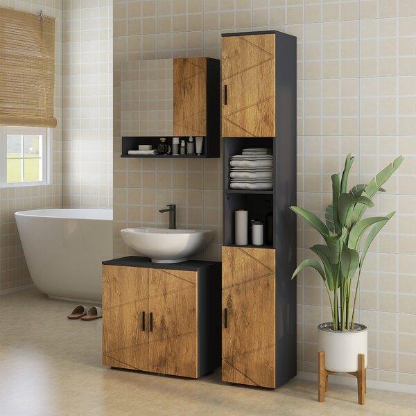Kleankin Colonna Bagno in Truciolato con 2 Ripiani Aperti e 2 Armadietti a 2 Livelli, 30x30x183 cm, Rovere | Aosom Italy