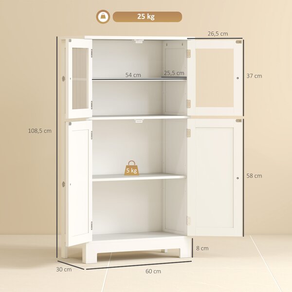 Kleankin Mobiletto Bagno con due Armadietti, Ante in Vetro e Ripiano Regolabile, 60x30x108.5 cm, Bianco | Aosom Italy