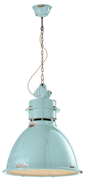 Lampadario Industrial Ferro E Ceramica Vintage Azzurro 1 Luce E27 50Cm