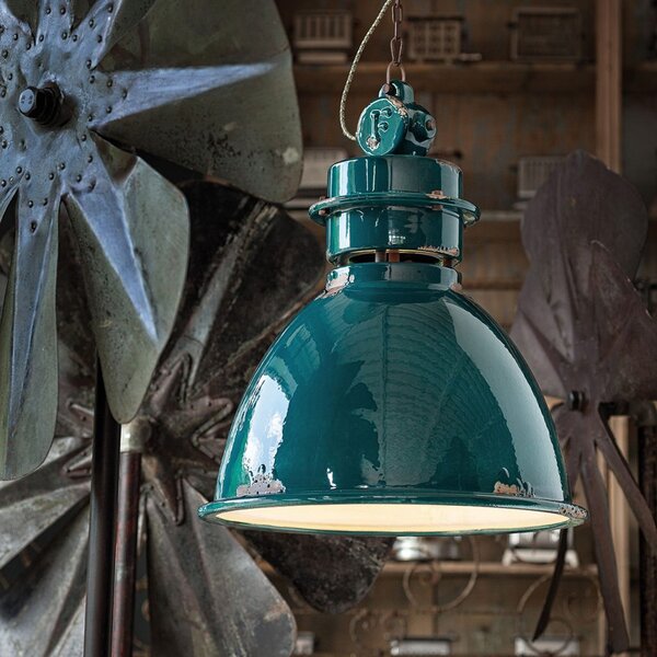 Lampadario Industrial Ferro E Ceramica Vintage Verde 1 Luce E27 50Cm