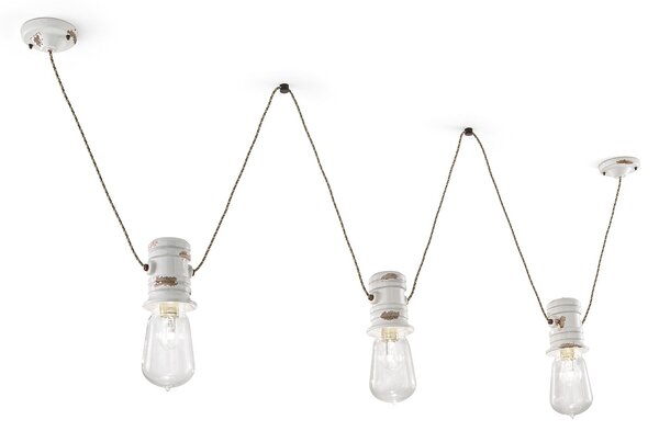 Lampadario Industrial Minimal Urban Ferro E Ceramica Vintage Bianco 3 Luci E27