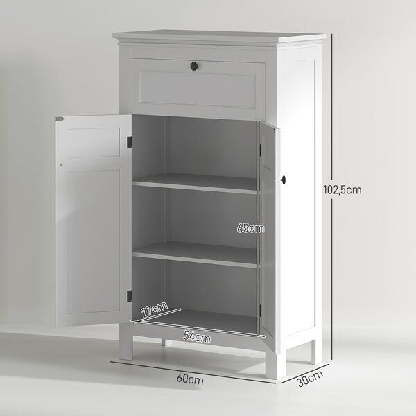 HOMCOM Mobile Bagno con 2 Ante e Cassetto, Mobiletto Bagno Salvaspazio con Ripiani Regolabili, 60x30x102.5 cm, Bianco | Aosom Italy