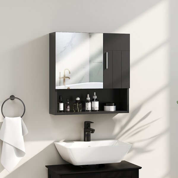 Kleankin Armadietto Specchiera Bagno in Legno con Mensole Regolabili e Ripiano Aperto, 54x15.2x55.3 cm, Nero | Aosom Italy