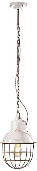Lampadario Industrial Ferro E Ceramica Con Rete Vintage Bianco 1 Luce E27 26Cm