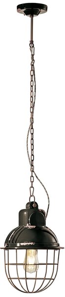 Lampadario Industrial Ferro E Ceramica Con Rete Vintage Nero 1 Luce E27 26Cm