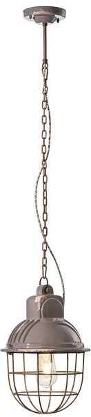 Lampadario Industrial Ferro E Ceramica Con Rete Vintage Tortora 1 Luce E27 26Cm