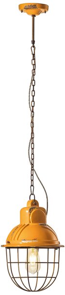 Lampadario Industrial Ferro E Ceramica Con Rete Vintage Giallo 1 Luce E27