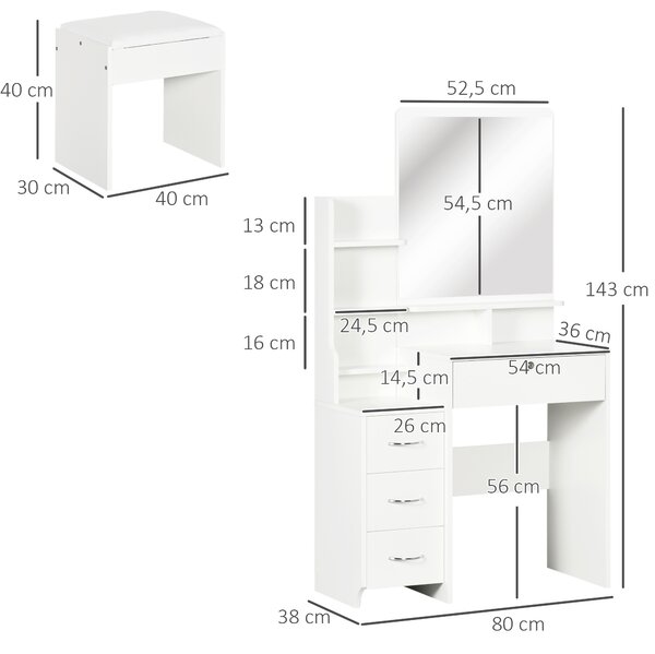 HOMCOM Toeletta da Trucco con Specchio, Tavolo da Trucco, Sgabello, 4 Cassetti e 4 Ripiani, Bianco | Aosom Italy