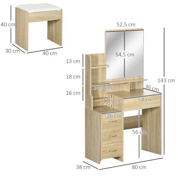 HOMCOM Toeletta da Trucco con Specchio, Tavolo da Trucco, Sgabello, 4 Cassetti e 4 Ripiani, Colore Legno | Aosom Italy