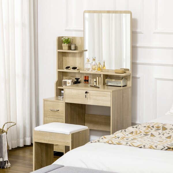HOMCOM Toeletta da Trucco con Specchio, Tavolo da Trucco, Sgabello, 4 Cassetti e 4 Ripiani, Colore Legno | Aosom Italy
