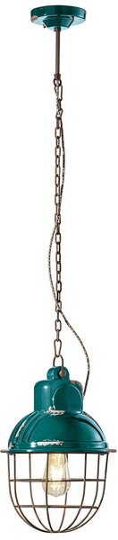 Lampadario Industrial Ferro E Ceramica Con Rete Vintage Verde 1 Luce E27 26Cm