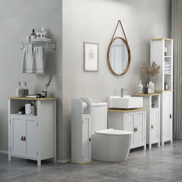 Kleankin Mobile Sotto Lavabo per Bagno, 2 Ante, Ripiano Regolabile, 2 Livelli di Archiviazione, Maniglie in PU, 60 x 30 x 60 cm, Bianco | Aosom Italy