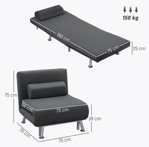 HOMCOM Poltrona Letto salvaspazio con Schienale Regolabile in 5 posizioni, 3 in1 e Cuscino in Tessuto Effetto Lino, Grigio Scuro | Aosom Italy