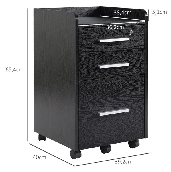 HOMCOM Cassettiera Portadocumenti in Legno a 3 Cassetti con Chiavi di Sicurezza e 5 Ruote, 39.2x40x65.4 cm, Nero | Aosom Italy