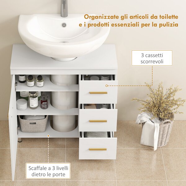 HOMCOM Mobile Moderno Sottolavabo con Intaglio a U, Armadietto e 3 Cassetti, Chiusura Ammortizzata, 70x30x65 cm, Bianco | Aosom Italy