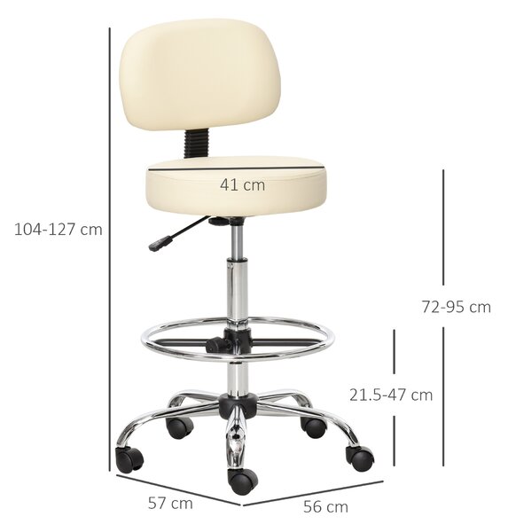 HOMCOM Sgabelli da bar, sedie girevoli, sgabelli da lavoro, sgabelli da ufficio, altezza regolabile, girevole a 360°, con schienale, imbottito, ampio sedile per un miglior comfort, PU beige, 56 x 57 x 104-127 cm